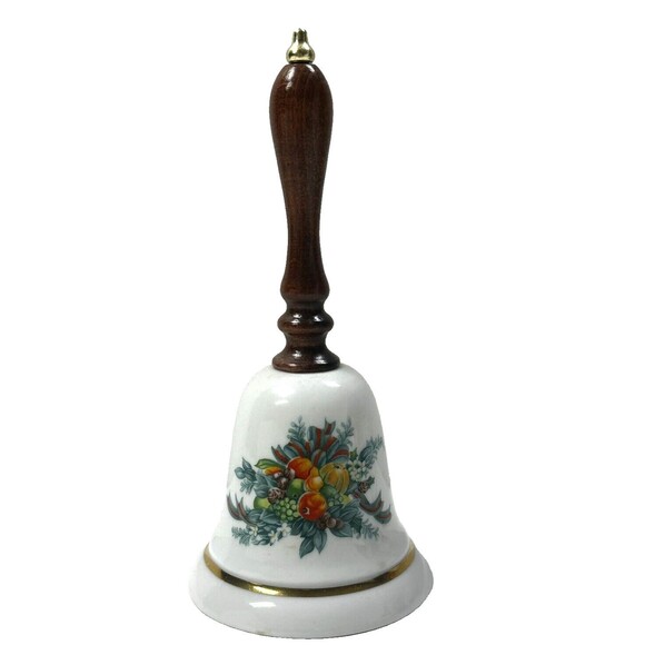 Vintage Avon "Christmas 1985" Ceramic Bell w/ Wooden Handle, Floral Design - Picture 1 of 7